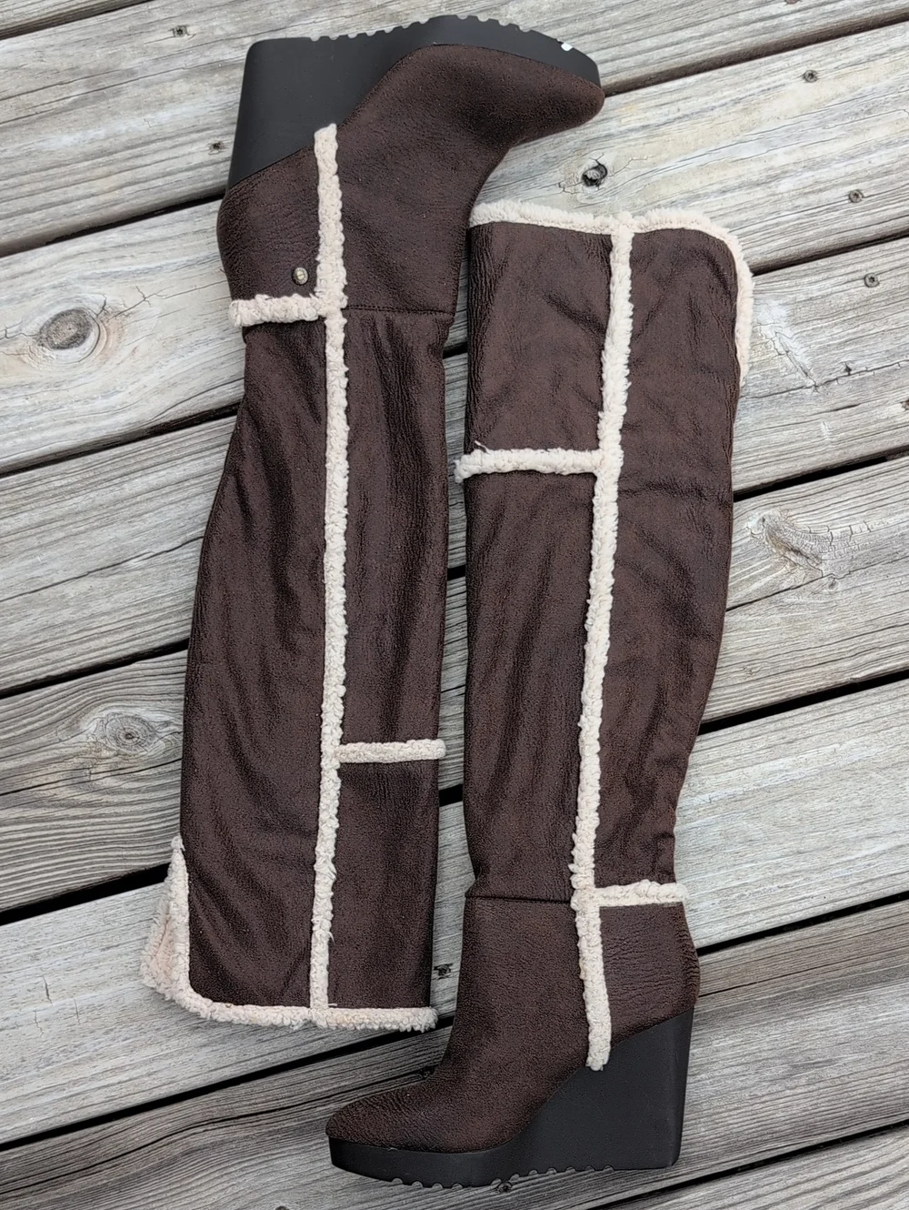 Calvin Klein Jeans Dark Brown Over-the-Knee Wedge Boots with Cream Trim